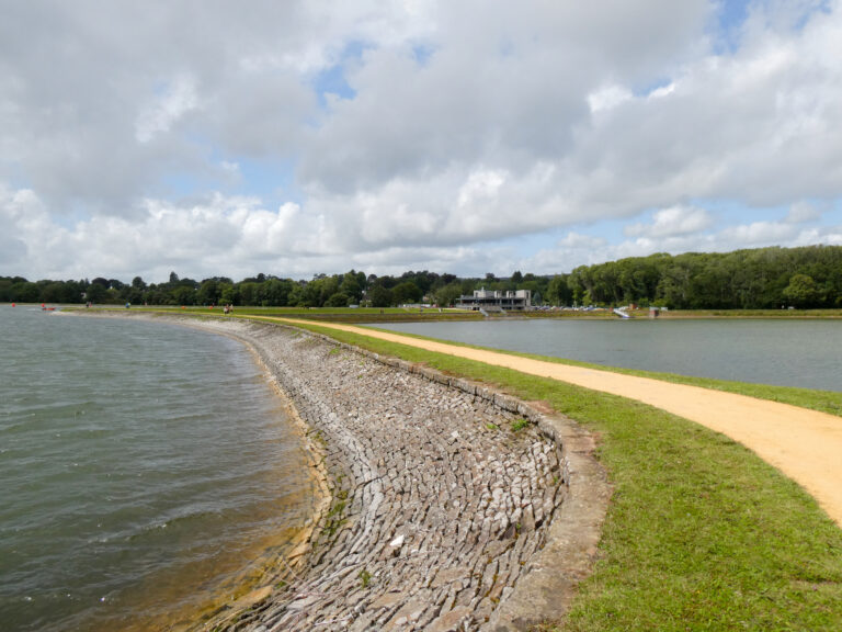 Lisvane and Llanishen Reservoirs, Cardiff, both full, visitor centre on the far bank