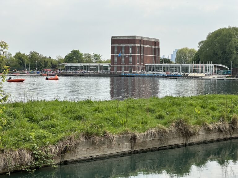 West Reservoir Centre, Hackney: filter house across the water with the City skyline