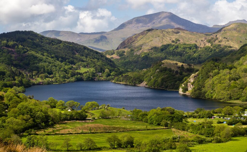 Llyn Gwynant in Eryri, the lake at Llyn Gwynant Campsite where campers can swim on site