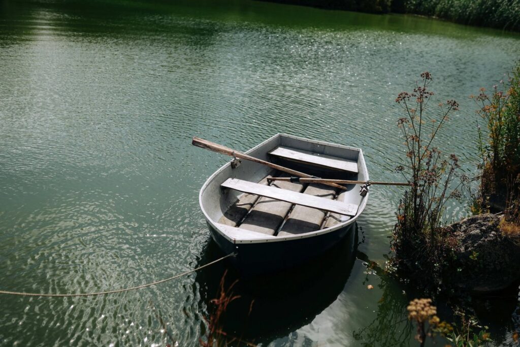 Rowing boat on the private spring-fed lake at Lake Farm Dorset, where Toller Hut guests have wild swimming on site